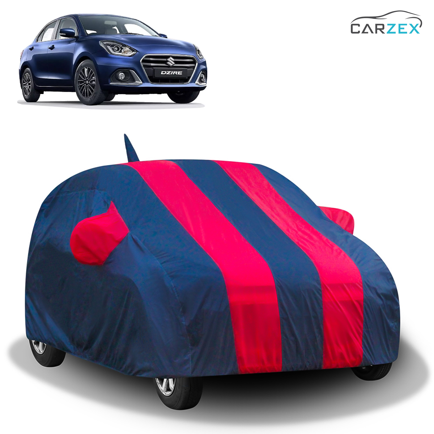 Carzex Stylish Red & Blue Stripes Car Body Cover with Mirror & Antenna Pockets for Maruti Suzuki Dzire New